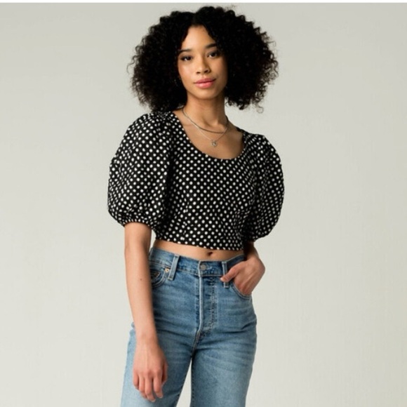 Free People Tops - Free People Polka Dot Puff Sleeve Crop Top Blouse Womens Size 2 Black White